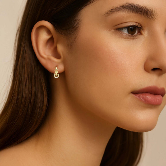 14k Yellow Gold CZ Horseshoe Lucky Charm Hoop Earrings 13mm