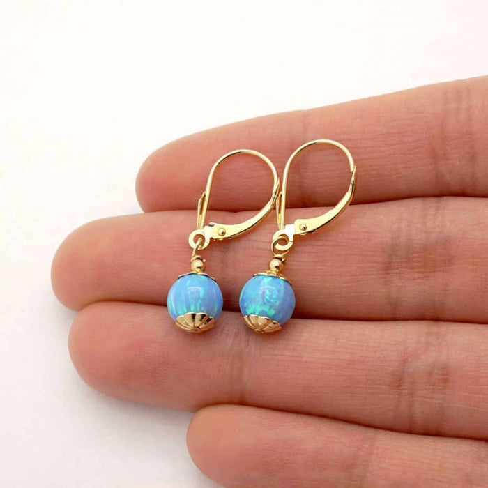 14K Gold Fire Opal Ball Dangle Drop Leverback Earrings 7mm