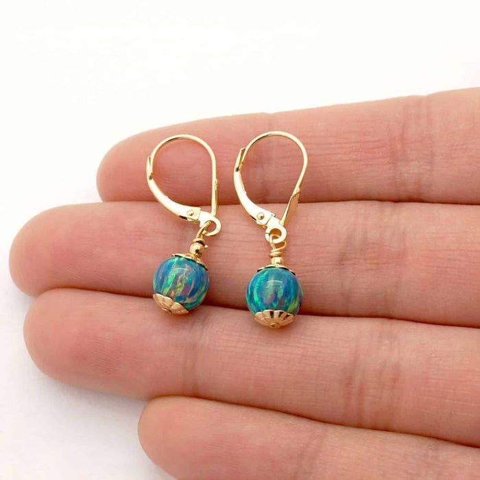 14K Gold Fire Opal Ball Dangle Drop Leverback Earrings 7mm