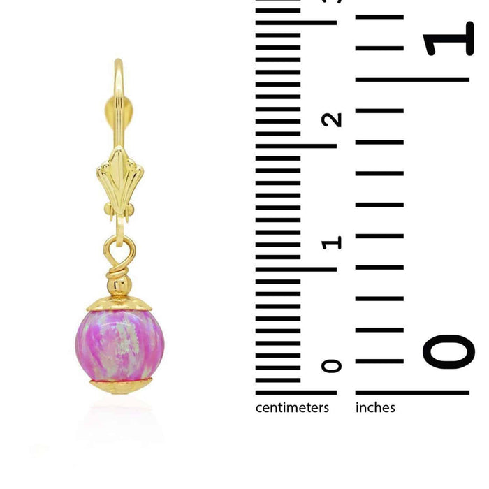 14K Gold Fire Opal Ball Dangle Drop Leverback Earrings 7mm