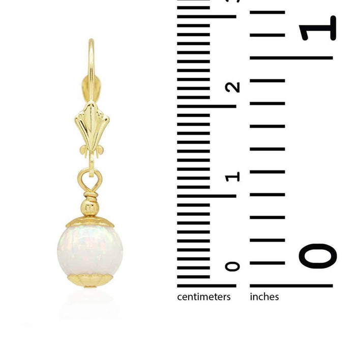 14K Gold Fire Opal Ball Dangle Drop Leverback Earrings 7mm