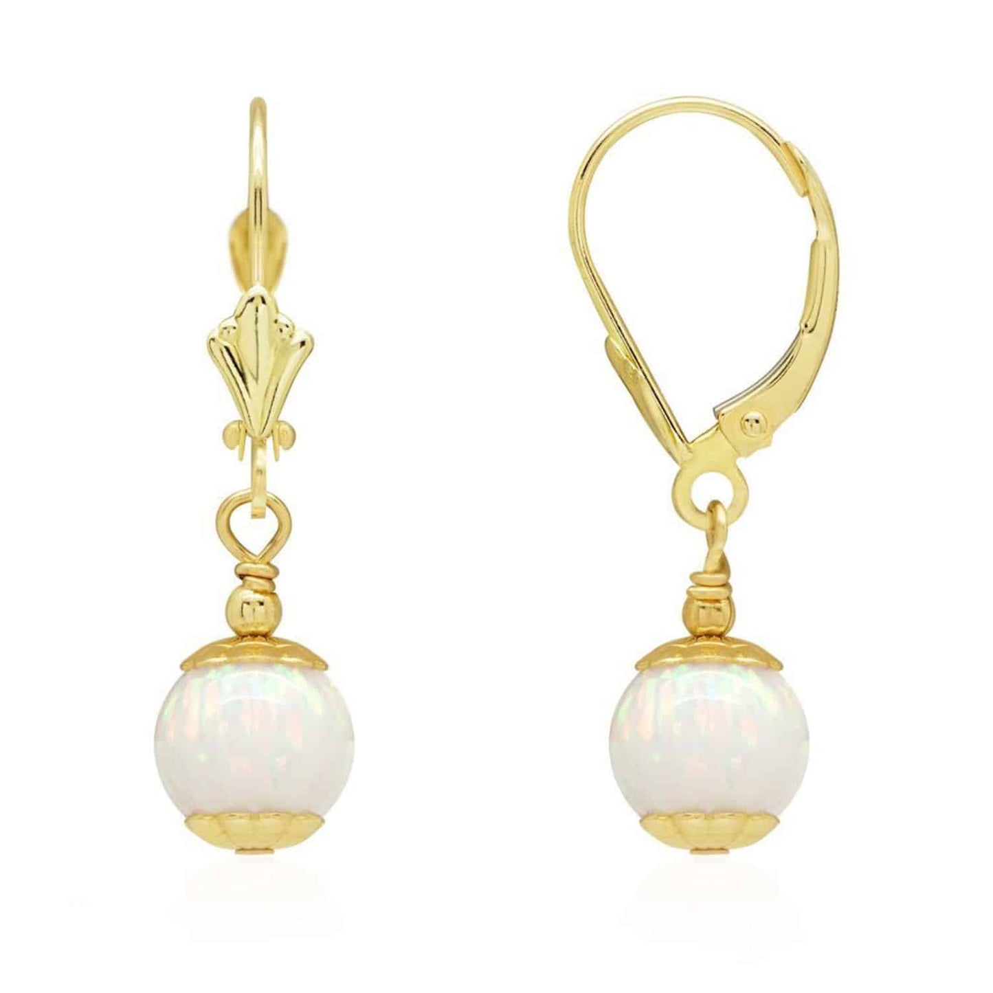 14K Real Gold Fire Opal Ball Dangle Drop Leverback Earrings 7mm