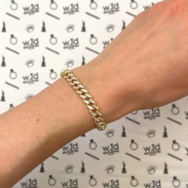 18K Yellow Gold Over Silver 7mm Miami Cuban Baguette CZ Bracelet (Solid Links)