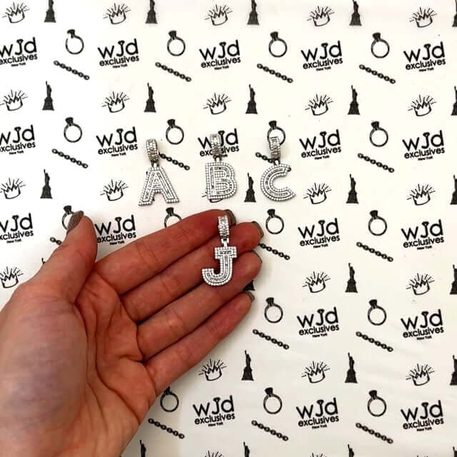 18K White Gold Over Silver CZ Initial Letter Pendant 1.2"