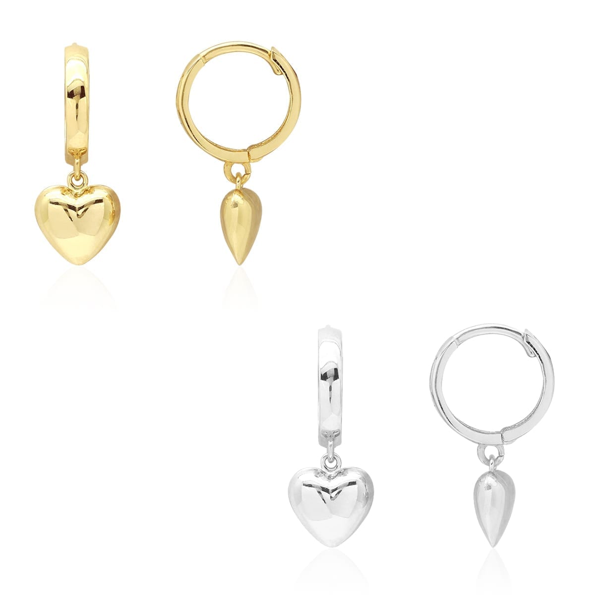 14k Yellow Gold White Gold Heart Drop  Huggie Hoop Earrings 0.83"