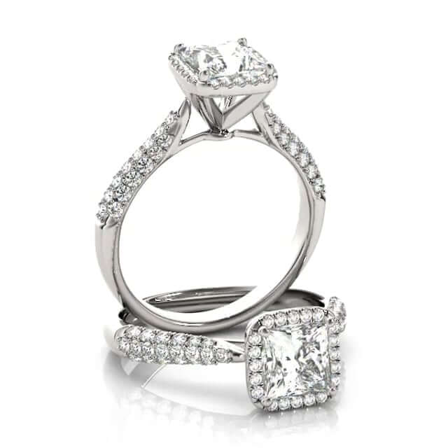 1CTW Natural Diamonds & Princess Moissanite 18K Gold White Halo Engagement Ring - WJD Exclusives