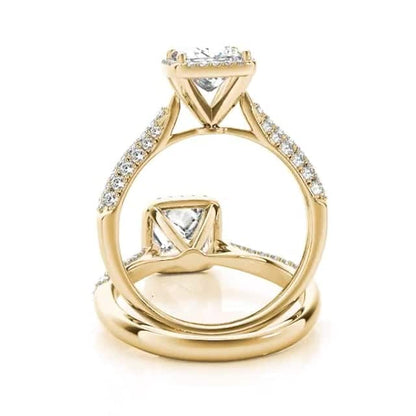 1CTW Real Diamond & Princess Moissanite 18K Gold Yellow Halo Engagement Ring