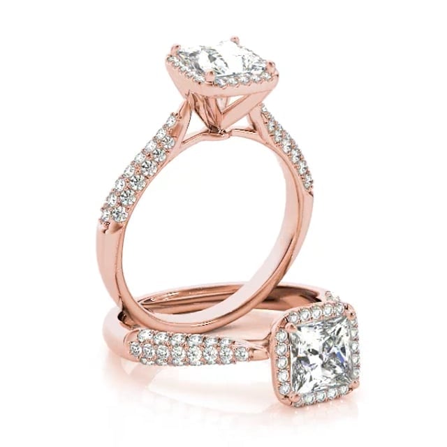 1CTW Real Diamonds & Princess Moissanite 18K Gold Rose Halo Engagement Ring