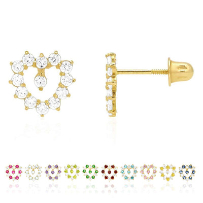 14K Yellow Gold Birthstone And White Zircon Heart Baby Screw Back Stud Earrings