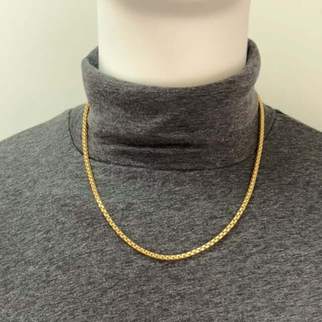 18K Yellow Gold Over Silver 3.7mm Round Box Chain (Solid Links) 18" - 24" - WJD Exclusives