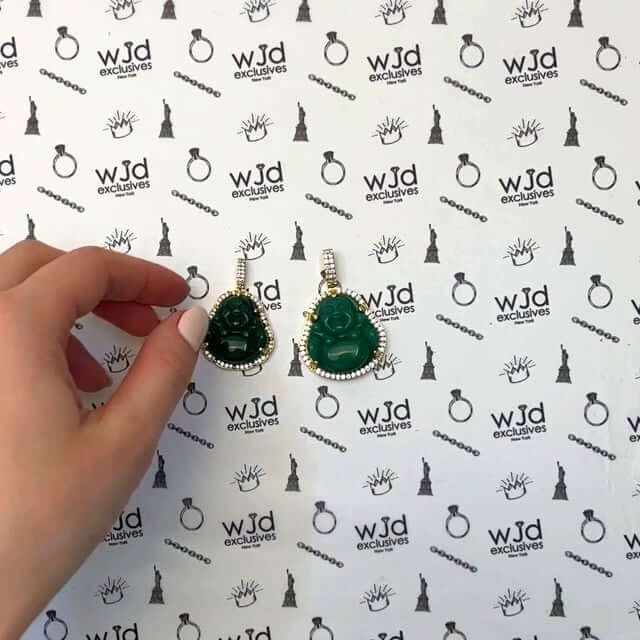 14K Gold CZ Frame Green Jade Fat Buddha Pendant 1.5" - 1.8" - WJD Exclusives