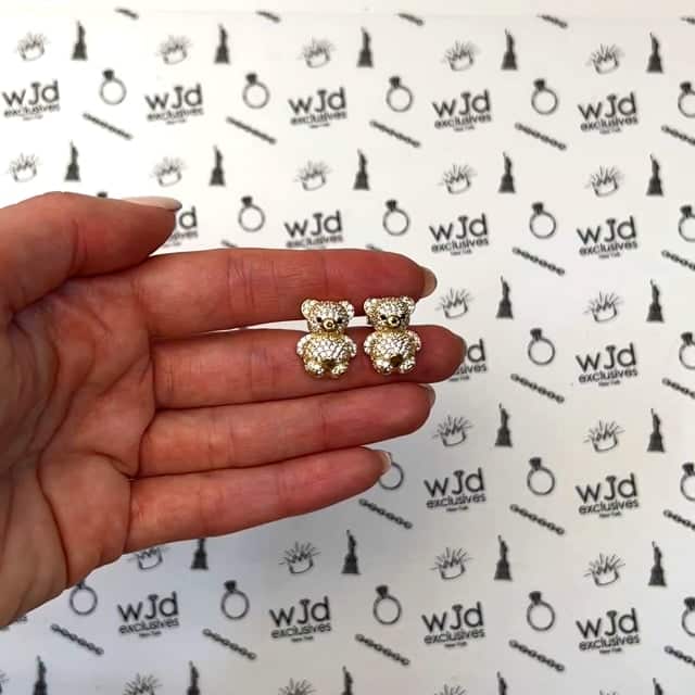 2.70CTW CZ 14K Yellow Gold Pave Puffed Teddy Bear Earrings 17mm - WJD Exclusives