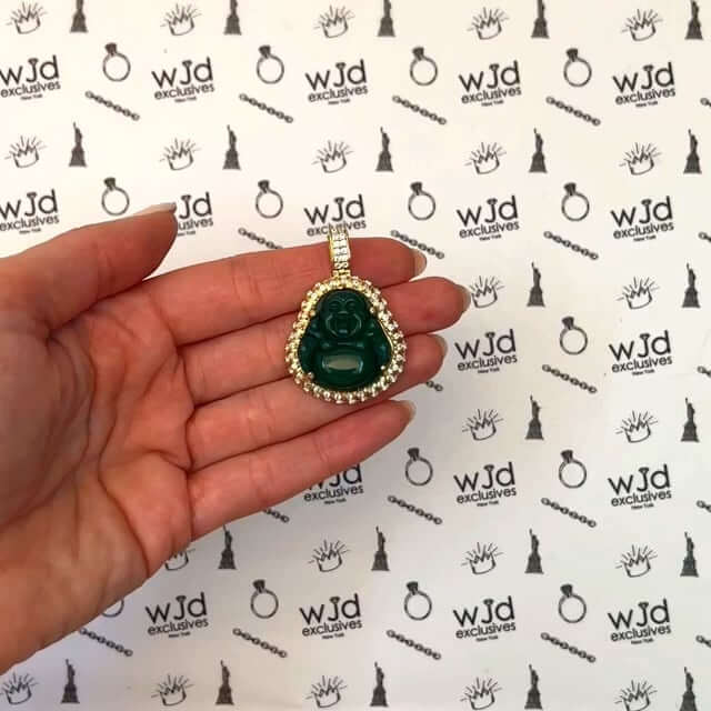 14K Yellow Gold CZ Frame Green Jade Buddha Charm Pendant 1.6"