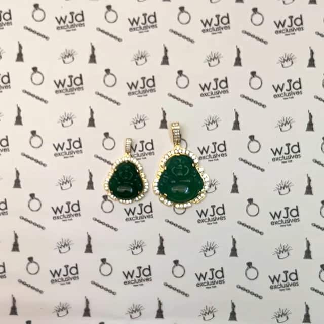 14K Yellow Gold CZ Frame Green Jade Buddha Pendant 1.7 - 2.2" - WJD Exclusives