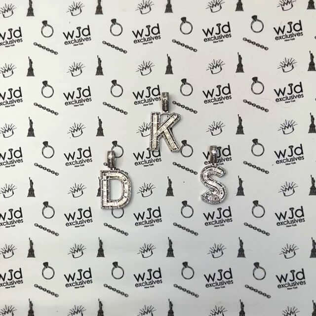 1.1CTW Real Diamond Baguette 14K White Gold Initial Letter Pendant 1.5"