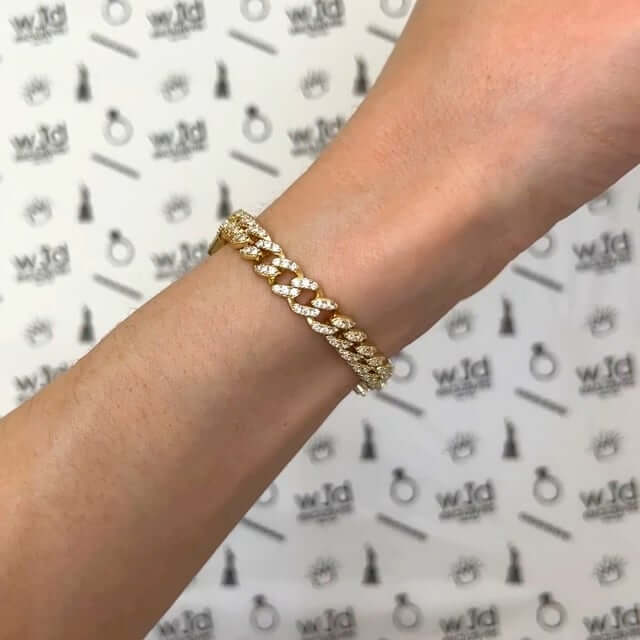 18K Yellow Gold Over Silver CZ 6mm Pave Heart Miami Bracelet (Solid Links) 7" - 8" - WJD Exclusives