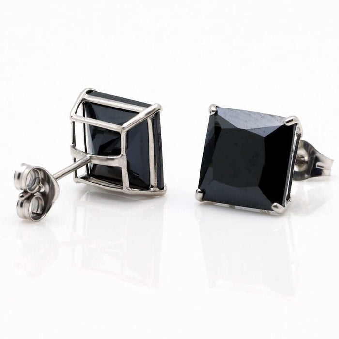 6CTW CZ Black Princess 14K White Gold Push Back Stud Earrings 8mm