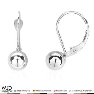 14K White Gold 6mm Diameter Ball Lever Back Earrings 19mm