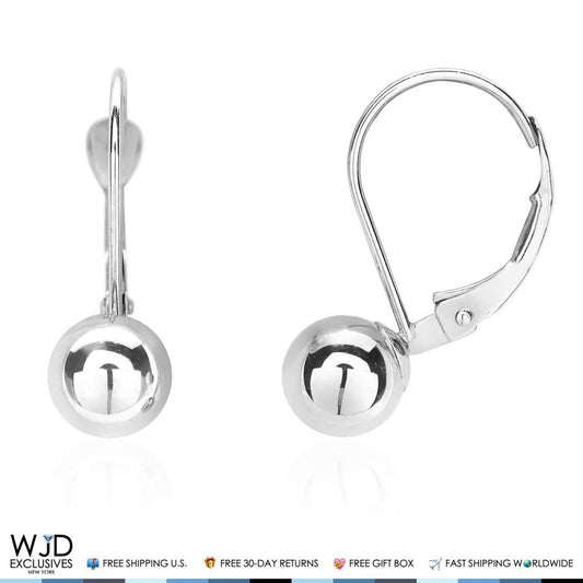 14K Solid White Gold 6mm Diameter Ball Lever Back Earrings 19mm
