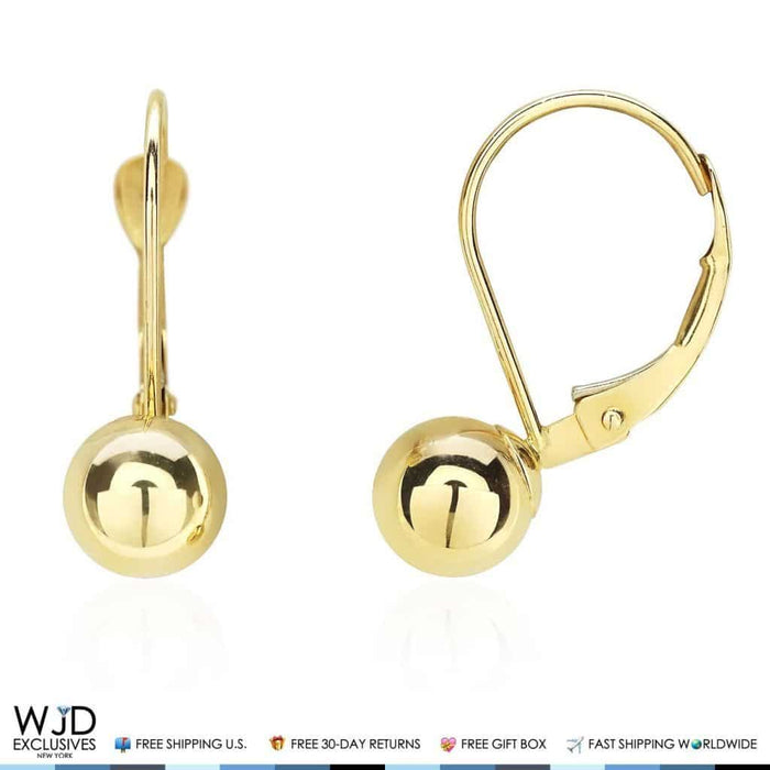 14K Yellow Gold 6mm Ball Lever Back Earrings 19mm
