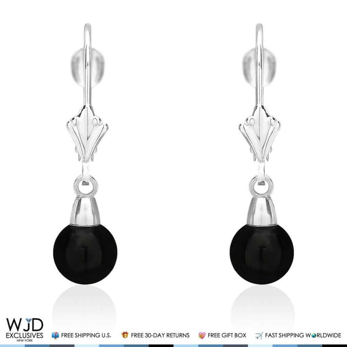 6mm-10mm Diameter Ball Shaped Onyx Dangle Leverback Earrings 14K White Gold
