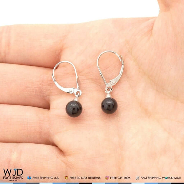 6mm-10mm Diameter Ball Shaped Onyx Dangle Leverback Earrings 14K White Gold
