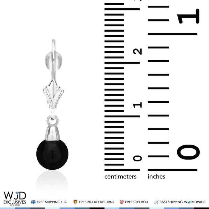 6mm-10mm Diameter Ball Shaped Onyx Dangle Leverback Earrings 14K White Gold