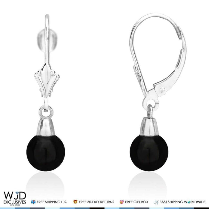 6mm-10mm Diameter Ball Shaped Onyx Dangle Leverback Earrings 14K White Gold
