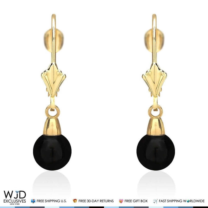 6mm-10mm Diameter Ball Shaped Onyx Dangle Leverback Earrings 14K Yellow Gold