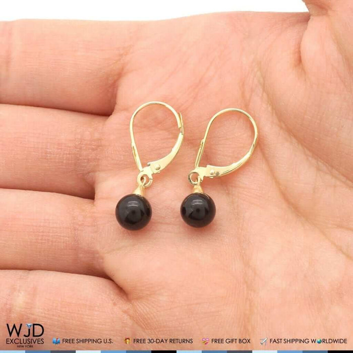 6mm-10mm Diameter Ball Shaped Onyx Dangle Leverback Earrings 14K Yellow Gold