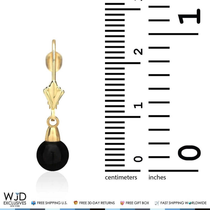6mm-10mm Diameter Ball Shaped Onyx Dangle Leverback Earrings 14K Yellow Gold
