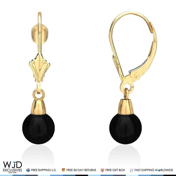 6mm-10mm Diameter Ball Shaped Onyx Dangle Leverback Earrings 14K Yellow Gold