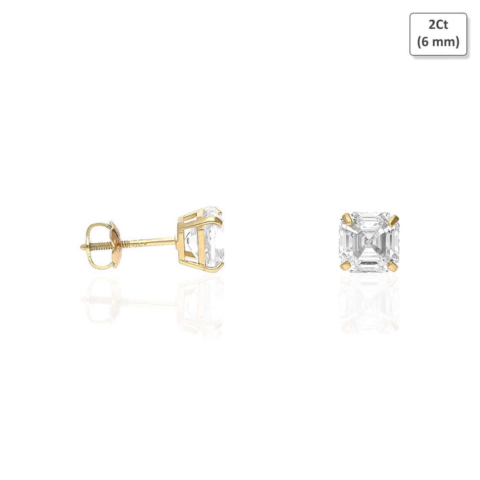 14K Yellow Gold Asscher-Cut CZ Screw Back Stud Earrings 1.5Ct-6Ct