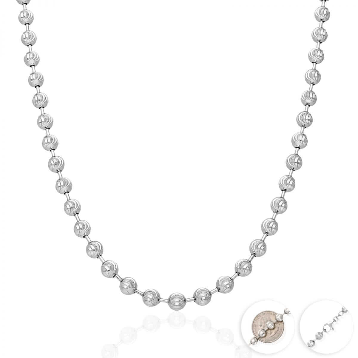 Sterling Silver 4mm 5mm 6mm White Half Moon-Cut Beaded Chain (Solid Links) 18"-30"