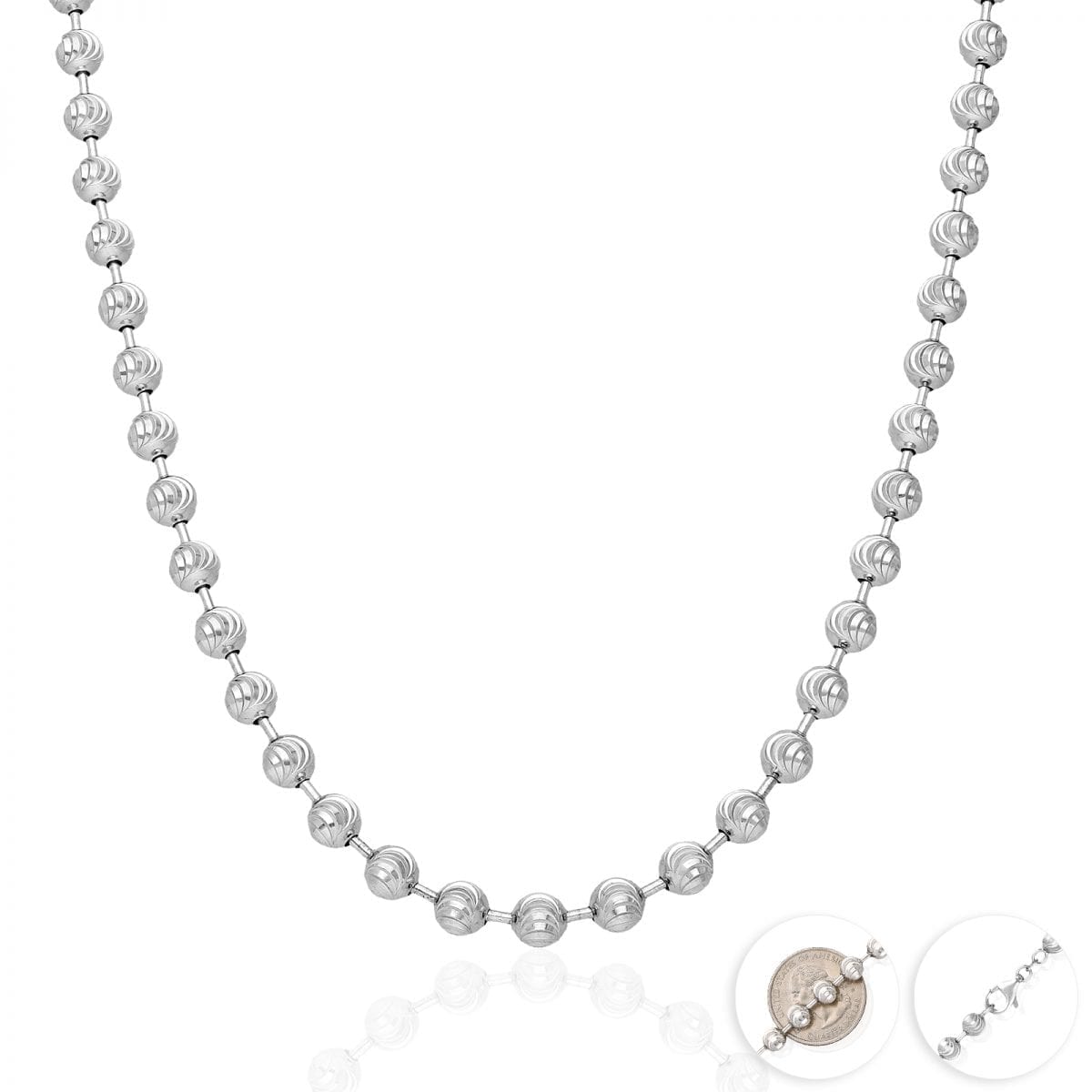 925 Silver 4mm 5mm 6mm Unisex White Half Moon Cut Beaded Chain Necklace 18"-30"