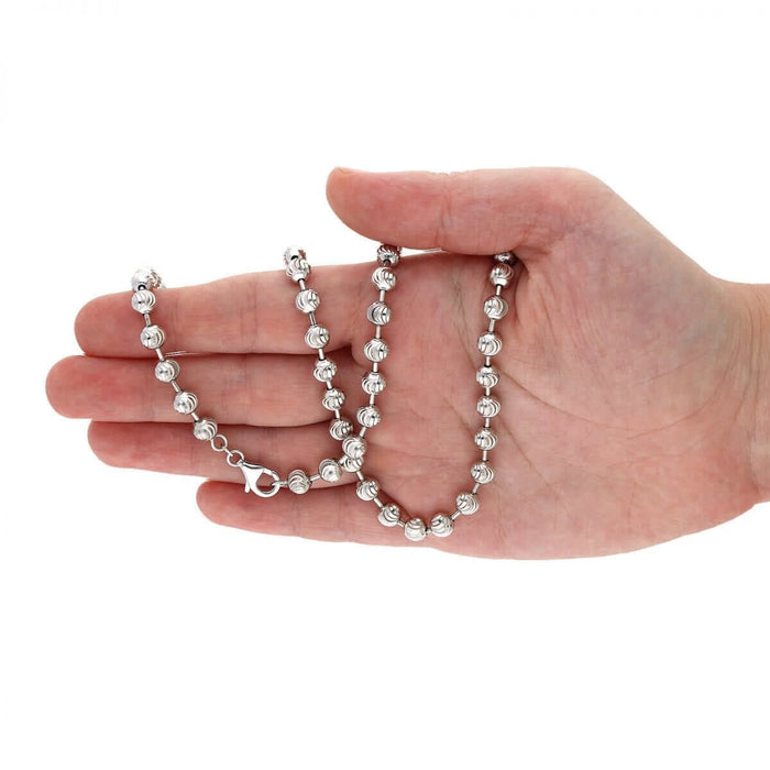 Sterling Silver 4mm 5mm 6mm White Half Moon-Cut Beaded Chain (Solid Links) 18"-30"