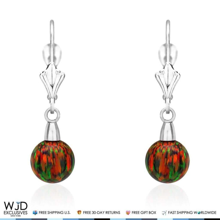 14K White Gold Black Fire Opal 7mm Ball Dangle Leverback Earrings