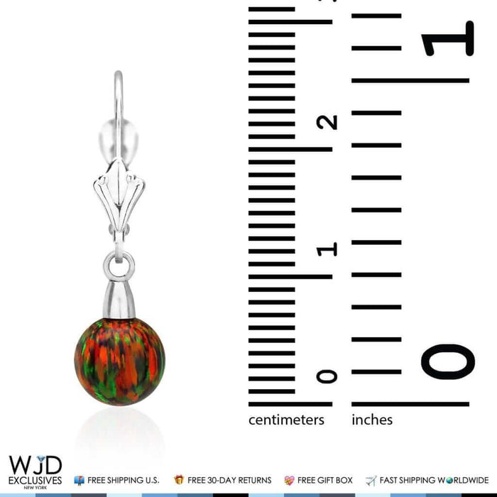 14K White Gold Black Fire Opal 7mm Ball Dangle Leverback Earrings