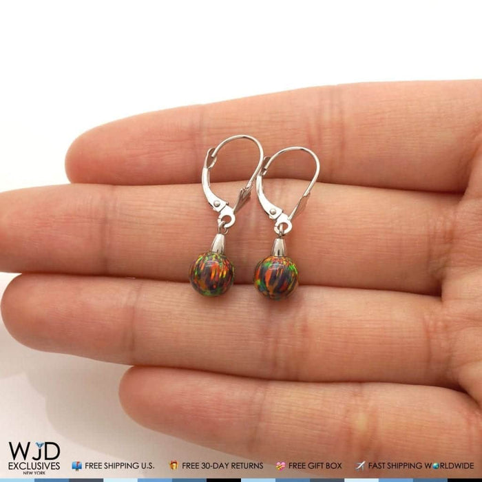 14K White Gold Black Fire Opal 7mm Ball Dangle Leverback Earrings
