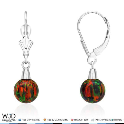 14K White Gold Black Fire Opal 7mm Ball Dangle Leverback Earrings