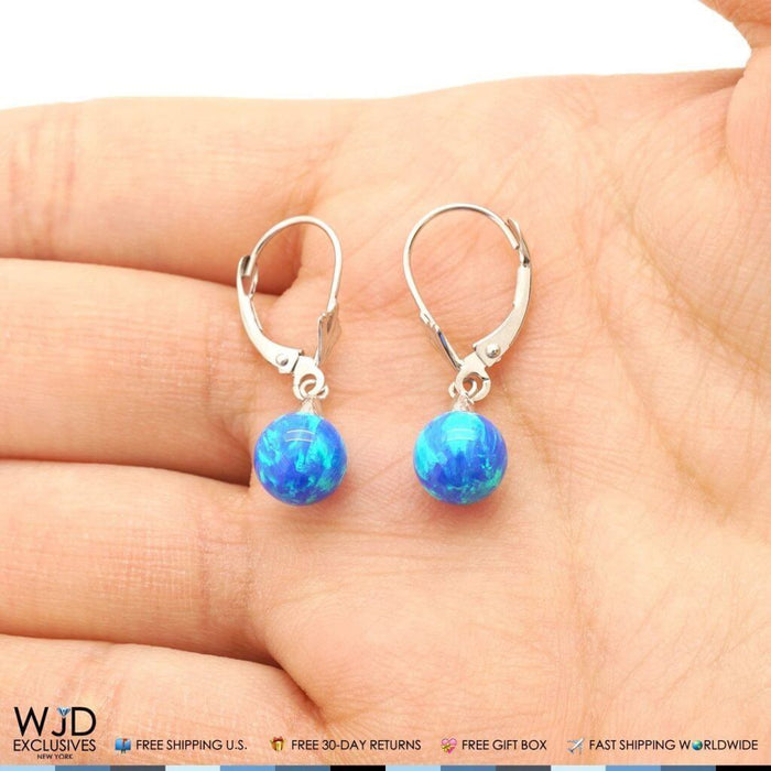 14K White Gold Blue Fire Opal 7mm Dangle Ball Leverback Earrings