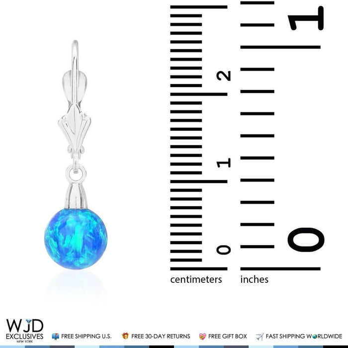 14K White Gold Blue Fire Opal 7mm Dangle Ball Leverback Earrings