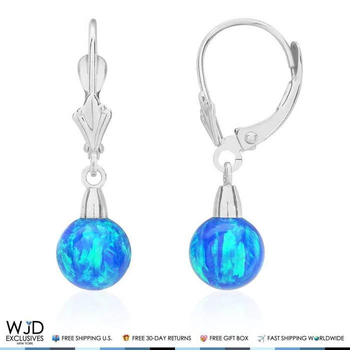 14K White Gold Blue Fire Opal 7mm Dangle Ball Leverback Earrings