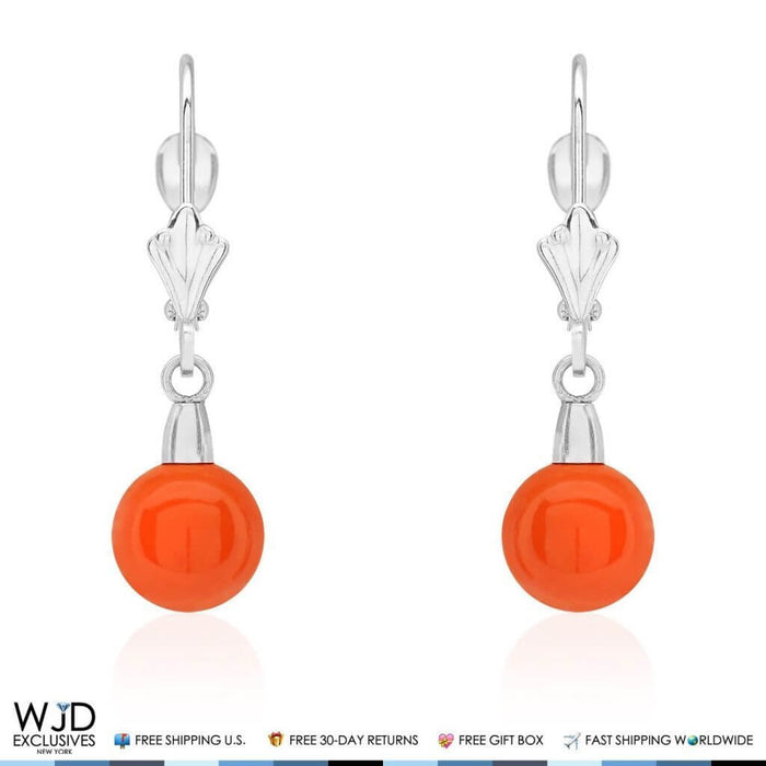 7mm Ball Orange Coral Leverback Dangle Earrings 14K White Gold