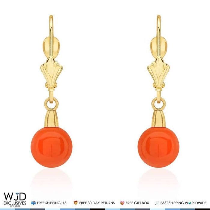 7mm Ball Shaped Orange Coral Leverback Dangle Earrings 14K Yellow Gold 1"