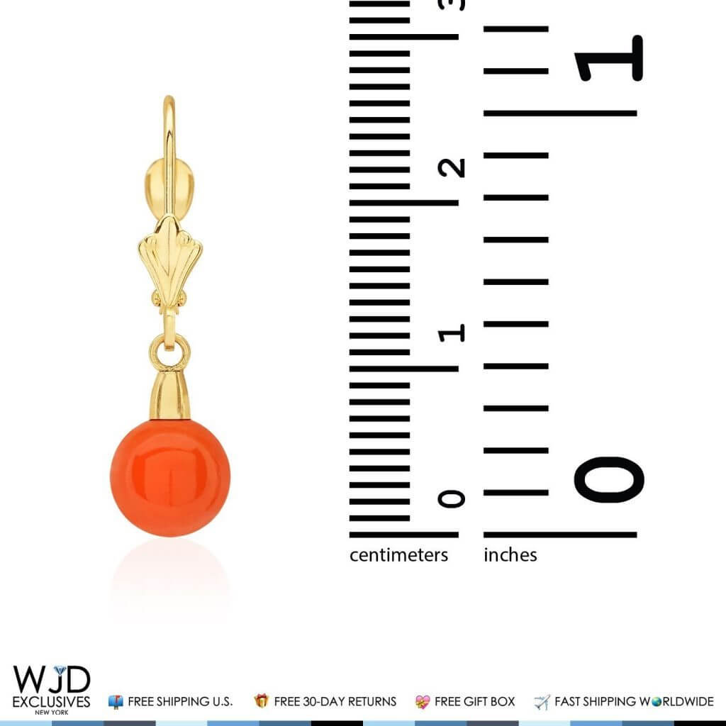 7mm Ball Shaped Orange Coral Leverback Dangle Earrings 14K Yellow Gold 1"