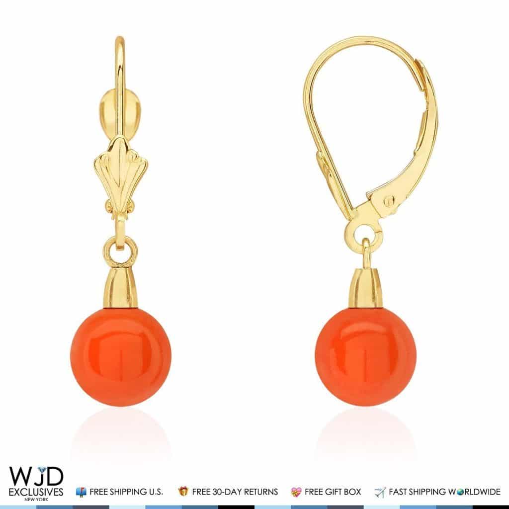 7mm Ball Shaped Orange Coral Leverback Dangle Earrings 14K Yellow Gold 1"