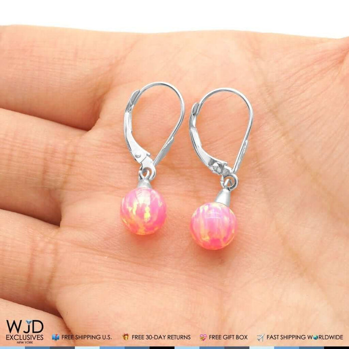 6mm-10mm Ball Peach Pink Fire Opal Leverback Dangle Earrings 14K White Gold