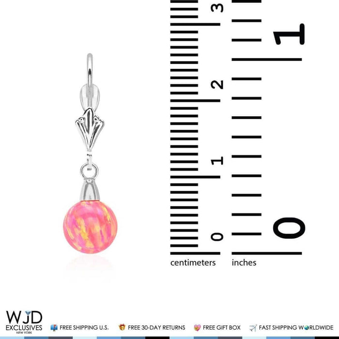 6mm-10mm Ball Peach Pink Fire Opal Leverback Dangle Earrings 14K White Gold