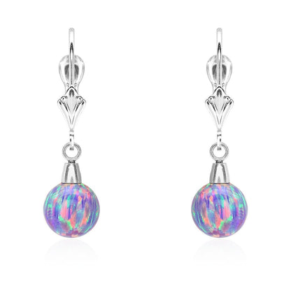 14K White Gold 7mm Purple Fire Opal Ball Leverback Dangle Earrings